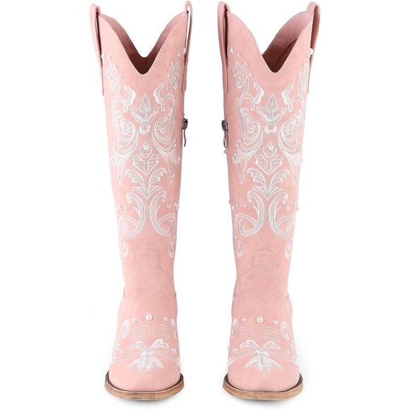 Women Pink Faux Leather Knee High Classic Embroidered Slip On Chunky Heel - Picture 6 of 7